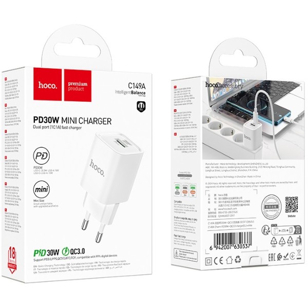 Фото - Мережевий зарядний пристрій HOCO C149A Charm PD30W+QC3.0 charger (EU) White (6942007630337)
